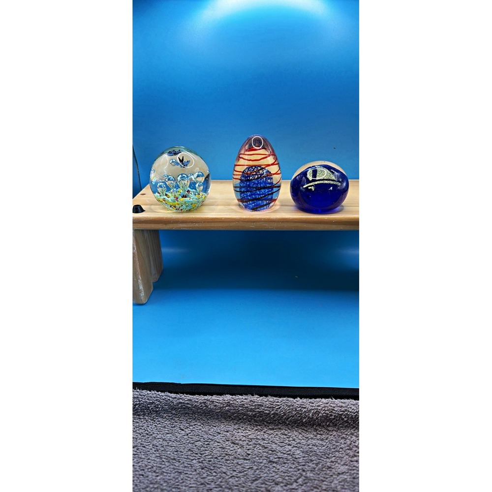 Set of 3 Glass Paperweights Nautical Sailboat 3D Effect Blue Clear Multicolor